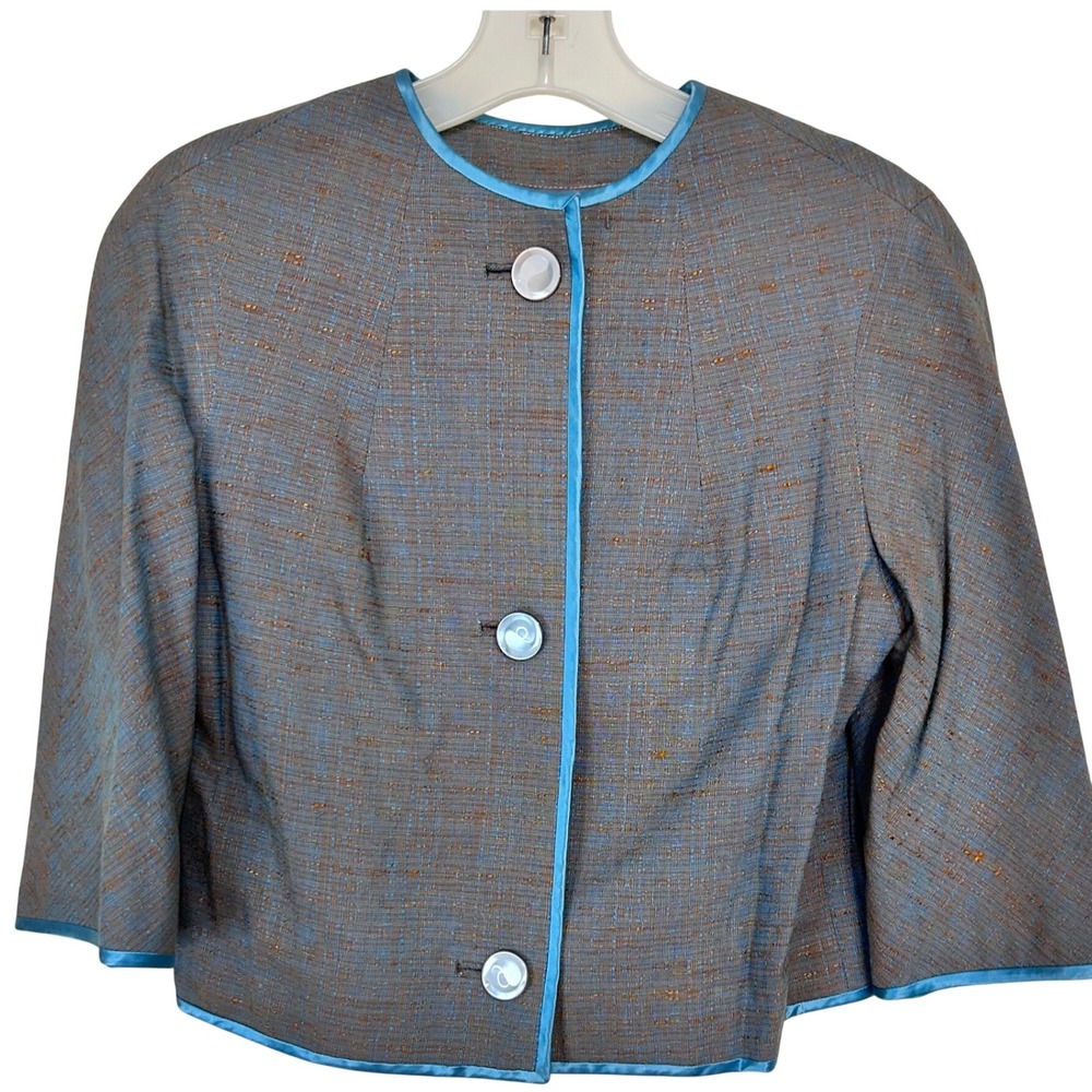 VTG Women's S/M Jantzen Hong Kong Blue Textured Silk Cropped Jacket Satin Trim